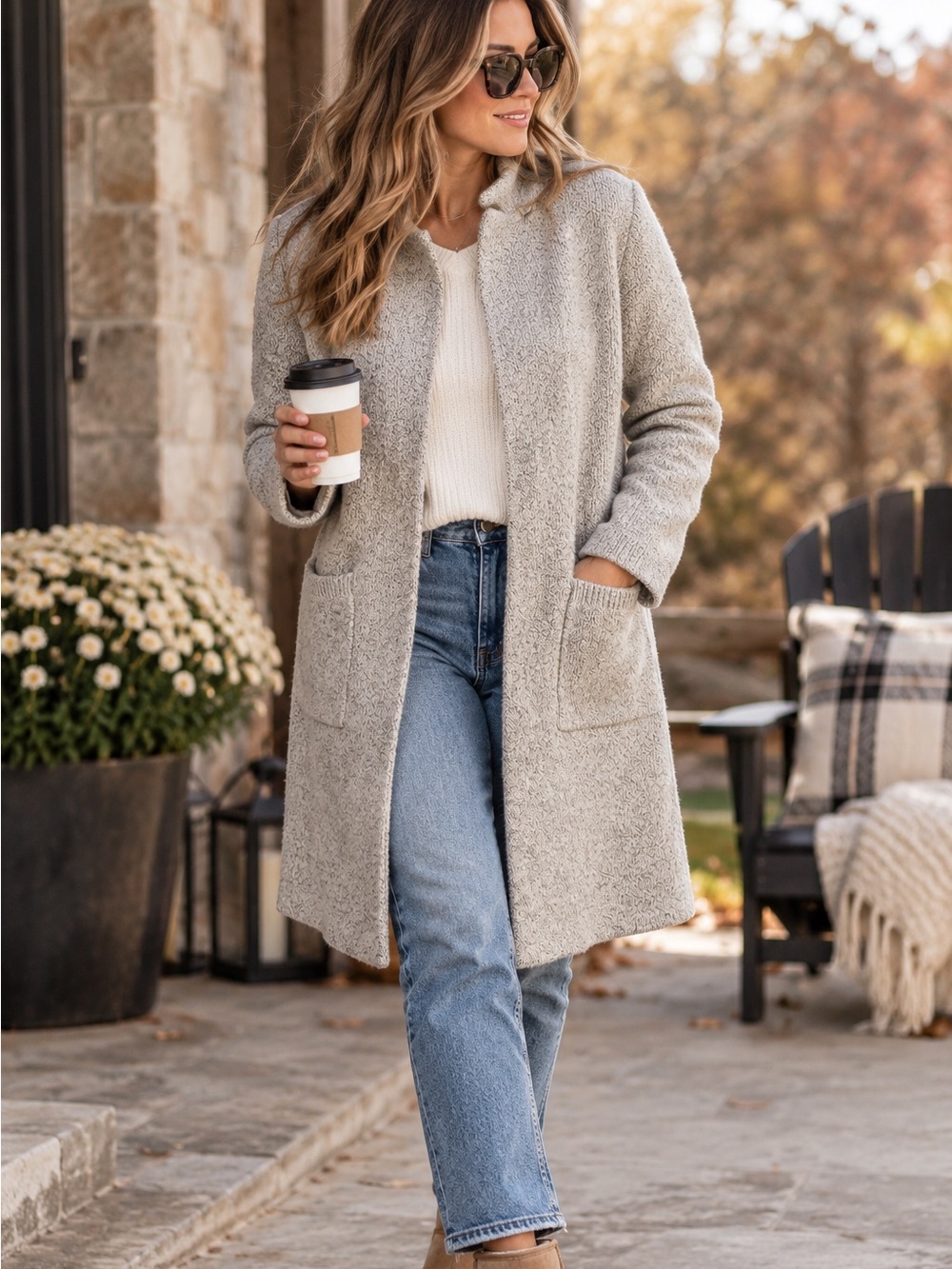 Monteau Textured Knit Longline Cardigan Coatigan | Size S | Neutral Gray